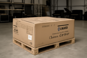 Caja de cartón grande sobre palé en almacén industrial
