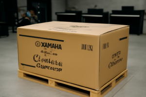 Caja de embalaje de Yamaha sobre palé en tienda de pianos